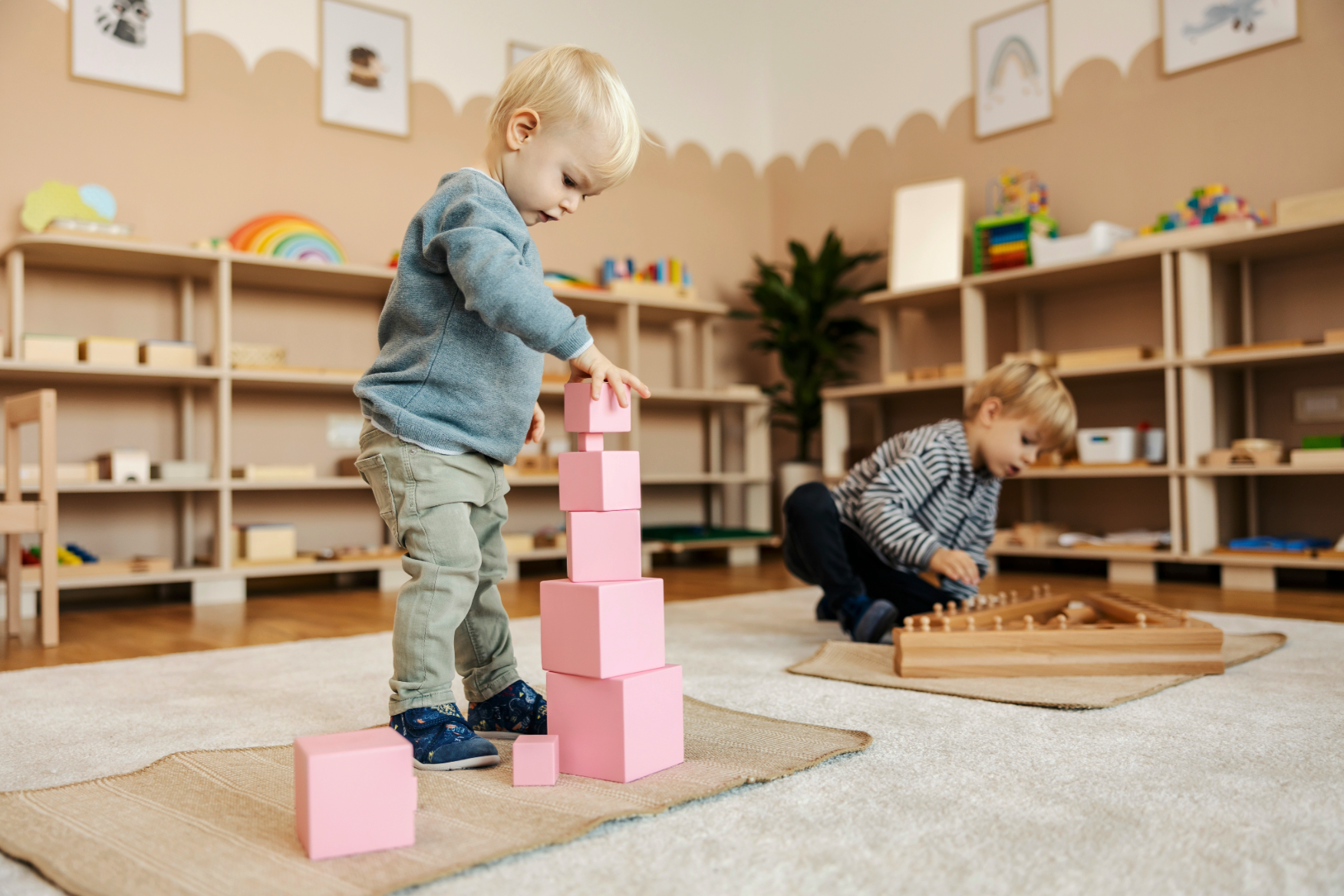 Montessori classroom pink tower cylinder blocks